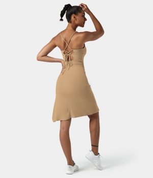 Halara Everyday Split Strap Bodycon Midi Chill-Sensational Women's Dress Khaki | 618952-SAC