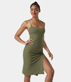 Halara Everyday Split Strap Bodycon Midi Chill-Sensational Women's Dress Loden Green | 658497-BJF