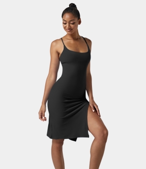 Halara Everyday Split Strap Bodycon Midi Chill-Sensational Women's Dress Black | 926705-POF