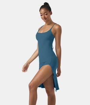 Halara Everyday Split Strap Bodycon Midi Chill-Sensational Women's Dress Bluesteel | 954810-BDG