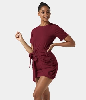 Halara Everyday Tie Knot Ruched Mini Chill-Belle Women's Dress Wine Red | 152608-GPN
