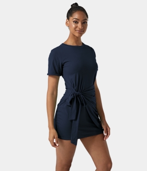 Halara Everyday Tie Knot Ruched Mini Chill-Belle Women's Dress Blue Gray | 528963-YDG