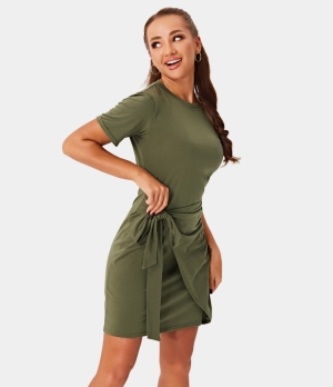 Halara Everyday Tie Knot Ruched Mini Chill-Belle Women's Dress Army Green | 904731-EMG