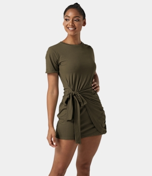 Halara Everyday Tie Knot Ruched Mini Chill-Belle Women's Dress Deep Sage | 964305-WNS
