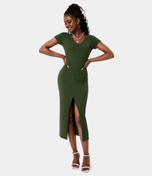 Halara Everyday V Neck Button Split Ribbed Knit Midi Chill Women's Dress Midnight Green | 150437-WTV