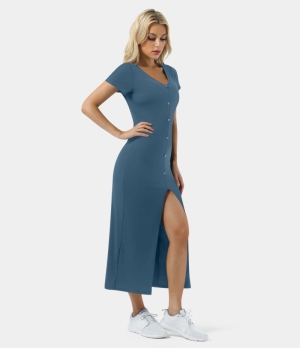 Halara Everyday V Neck Button Split Ribbed Knit Midi Chill Women's Dress Navy Blue | 310526-IJN