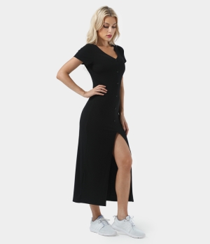 Halara Everyday V Neck Button Split Ribbed Knit Midi Chill Women's Dress Black | 734089-IDO