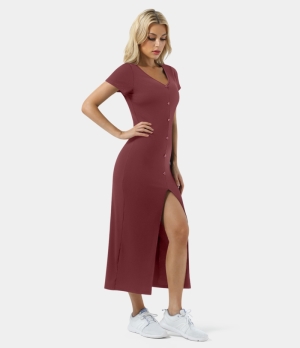 Halara Everyday V Neck Button Split Ribbed Knit Midi Chill Women's Dress Pomegranate | 894263-QAK