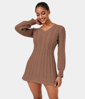 Halara Everyday V Neck Long Sleeve Mini Sweater Chill Women's Dress Sandstone | 076294-KZV