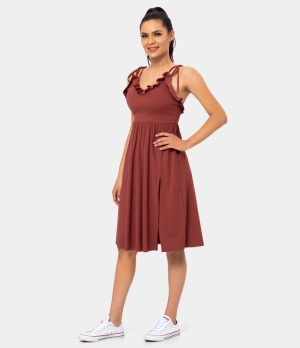 Halara Flounce Split Hem Spaghetti Strap Midi Women's Dress Auburn Red | 568429-AVP