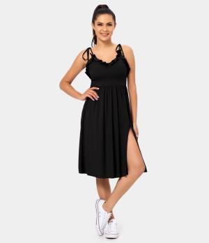 Halara Flounce Split Hem Spaghetti Strap Midi Women's Dress Black | 912374-ARJ