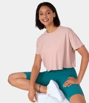 Halara Frill Split Cropped Casual Sports Women's Tops Peach Blush | EHDNBQK-80