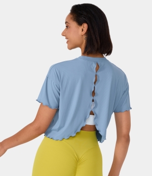 Halara Frill Split Cropped Casual Sports Women's Tops Blue Bell | YKRPJOE-01