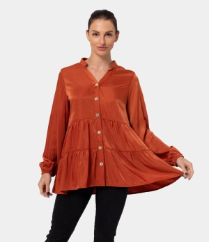 Halara Front Botton V Neck Pleated Blouse Women's Tops Pumpkin Orange | DRQEKOF-25