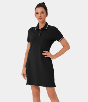 Halara Front Button Contrast Trim Split Hem Polo Women's Dress Black | 974518-VBI