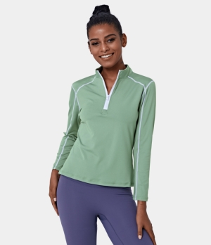 Halara Funnel Neck Half Zip Contrast Stitch Sports Women's Tops Seafoam | DTIWHRX-18