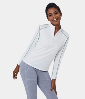Halara Funnel Neck Half Zip Contrast Stitch Sports Women's Tops White | PYZEHOV-92