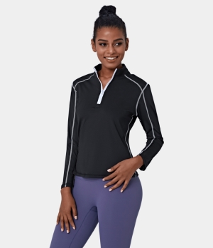Halara Funnel Neck Half Zip Contrast Stitch Sports Women's Tops Black | QWFDHTG-65