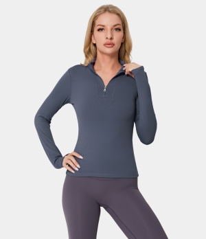 Halara Funnel Neck Half Zip Thumb Hole Plain Sports Women's Tops Deep Powder Blue | PFROGAW-73