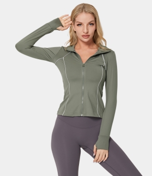 Halara Funnel Neck Thumb Hole Contrast Trim Zipper Sports Jacket Women's Tops Deep Olive | SVJRPFT-13