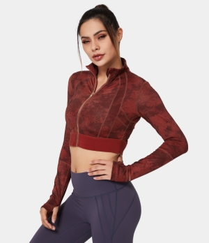 Halara Funnel Neck Zipper Tie Dye Cropped Sports Jacket Women's Tops Burgundy | MITVBLX-25