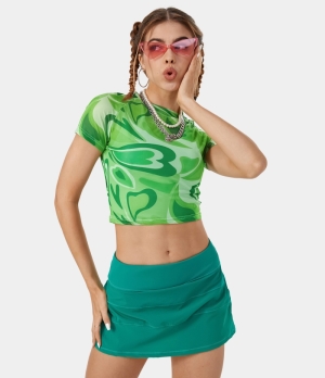 Halara Geometric Mesh Short Sleeve Sheer Cropped Casual T-Shirt Women's Tops Green Heart | PBZKWFI-87