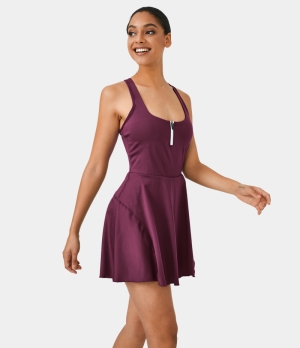 Halara Half Zip 2-in-1 Side Pocket Backless Racerback Tennis Women's Dress Plum Pink | 294618-MXU
