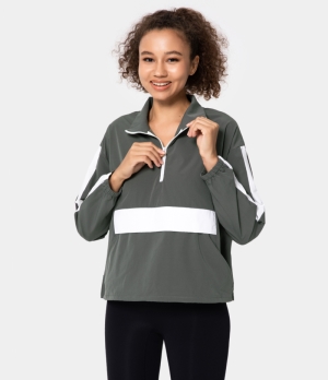 Halara Half Zip Color Block Pocket Jacket Women's Tops Dark Grey | RJLVPHY-06