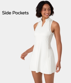 Halara Half Zip Contrast Mesh Side Pocket 2-Piece Tennis Women's Dress White | 532169-MFJ