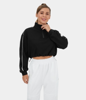 Halara Half Zip Drawstring Contrast Trim Cropped Casual Sweatshirt Women's Tops Black | GPSUTKH-07