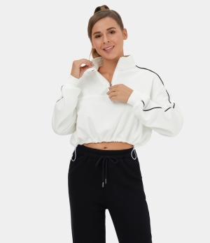 Halara Half Zip Drawstring Contrast Trim Cropped Casual Sweatshirt Women's Tops White | VWBOZIP-93