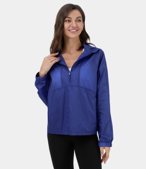 Halara Half Zip Drawstring Kangaroo Pocket Sheer Casual Jacket Women's Tops Bluing | AZGCYNI-63