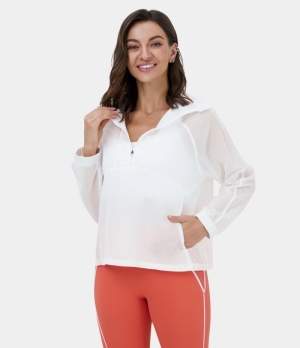 Halara Half Zip Drawstring Kangaroo Pocket Sheer Casual Jacket Women's Tops White | PAMBGSN-69