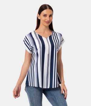 Halara Half Zip Dropped Shoulder Striped Blouse Women's Tops White | BVIPWSR-10