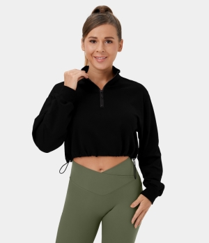 Halara Half Zip Long Sleeve Drawstring Cropped Casual Sports Sweatshirt Women's Tops Black | HQXAWTR-86