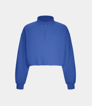 Halara Half Zip Long Sleeve Drawstring Cropped Casual Sports Sweatshirt Women's Tops Klein Blue | LYGDKAH-97