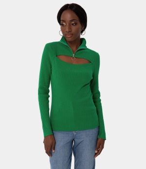 Halara Half Zip Mock Neck Cut Out Sweater Women's Tops Green | JYCQMSV-17