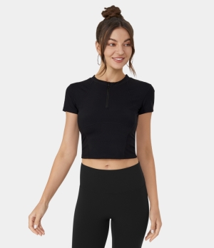 Halara Half Zip Short Sleeve Cropped Golf Sports Women's Tops Black | FBOHIPW-79