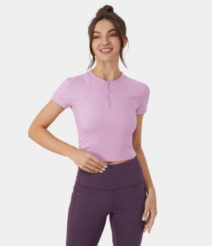 Halara Half Zip Short Sleeve Cropped Golf Sports Women's Tops Orchid Bouquet | LVNXRGC-24
