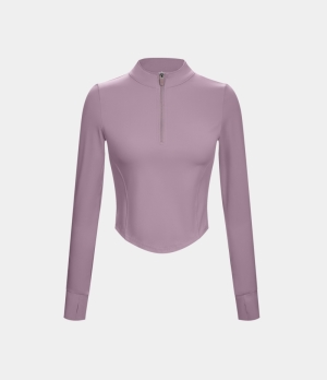 Halara Half Zip Thumb Hole Curved Hem Cropped Yoga Sports Women's Tops Fair Orchid | ZWQCHLV-64