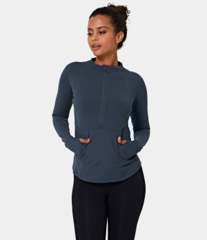 Halara Half Zip Thumb Hole Pocket Sports Women's Tops Dark Blue | ZSBPOHJ-31