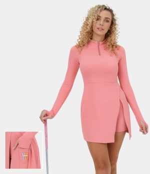 Halara Half Zip Thumb Hole Split Hem Side Pocket 2-Piece Golf-Golf Tee Pocket Women's Dress Pink Icing | 782541-KSA