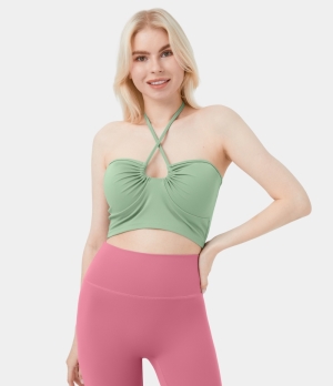 Halara Halter Backless Crisscross Lace Up Ruched Cut Out Cropped Casual Tank Women's Tops Pastel Green | CBDRLWQ-26