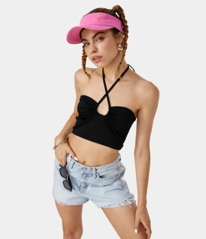 Halara Halter Backless Crisscross Lace Up Ruched Cut Out Cropped Casual Tank Women's Tops Black | IWXPGSA-57