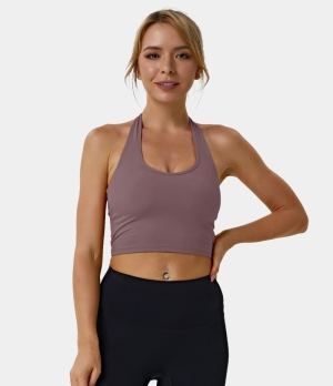 Halara Halter Backless Crisscross Lace Up Workout Cropped Tank Women's Tops Dark Plum | RJAGIED-76