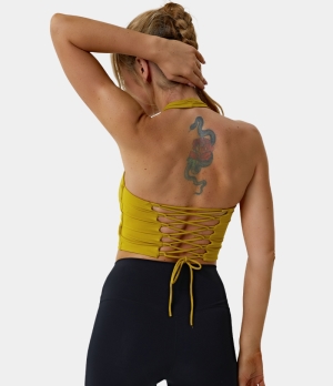 Halara Halter Backless Crisscross Lace Up Workout Cropped Tank Women's Tops Goldenrod | WVMSLBU-31