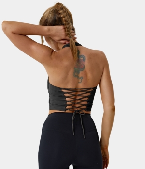 Halara Halter Backless Crisscross Lace Up Workout Cropped Tank Women's Tops Black | YUBWDRS-64