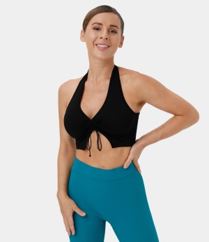 Halara Halter Backless Ruched Drawstring Cropped Casual Tank Women's Tops Black | XTSMRVE-09
