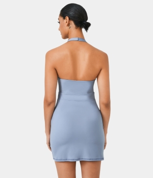 Halara Halter Backless Side Pocket Split Hem Mini Women's Dress Light Baby Blue | 495817-DNV