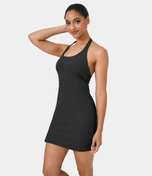 Halara Halter Backless Side Pocket Split Hem Mini Women's Dress Black | 769428-JEW